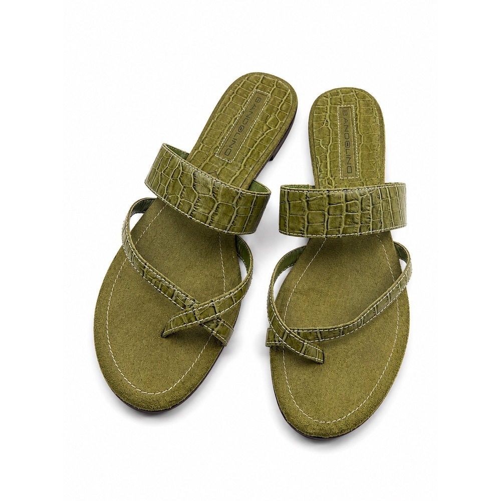 Bandolino Vintage Y2K Olive Green Croc Embossed Slide Sandals Women's Size 7.5M